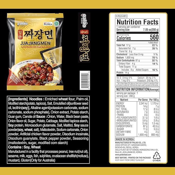 Korean Food Paldo Jjajangmen Noodles, 4 Pack (7.05oz Each) – Instant Korean Black Bean Sauce Ramen – Savory Chajang Noodles with Rich Flavor & Chewy Texture