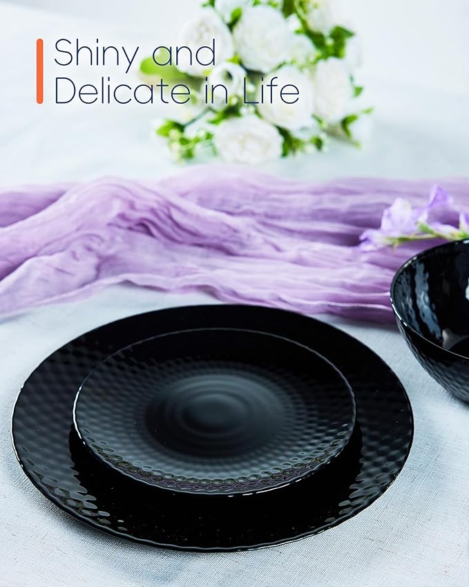 LaGlint 7.5 inch Appetizer Plate Set of 6, Opal Glass Round Geometric Faceted Small Black Plates for Salad Dessert, Kitchen, Dishwasher and Microwave Safe