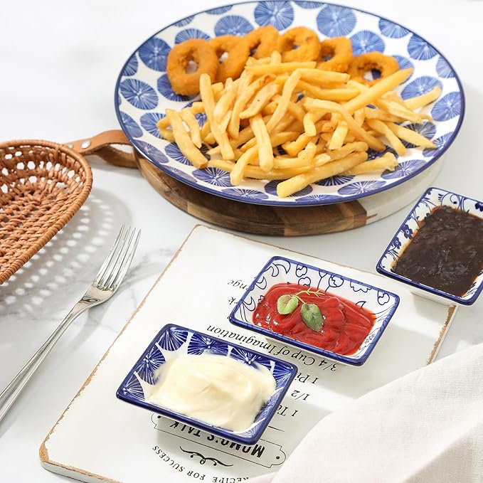 Selamica Ceramic Soy Sauce Dish, Rectangulal Side Dishes, 3.75 Inch Dipping Bowls for Sauce Ketchup Sushi Condiment Seasoning, Set of 6, Vintage Blue