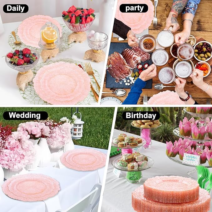 U-QE 60PCS Pink Plates for Party - Pink Plastic Plates Disposable Heavy Duty - Clear Pink Plastic Plates for Mother's Day Including 30 Plastic Dinner Plates 10" & 30 Plastic Dessert Plates 7"