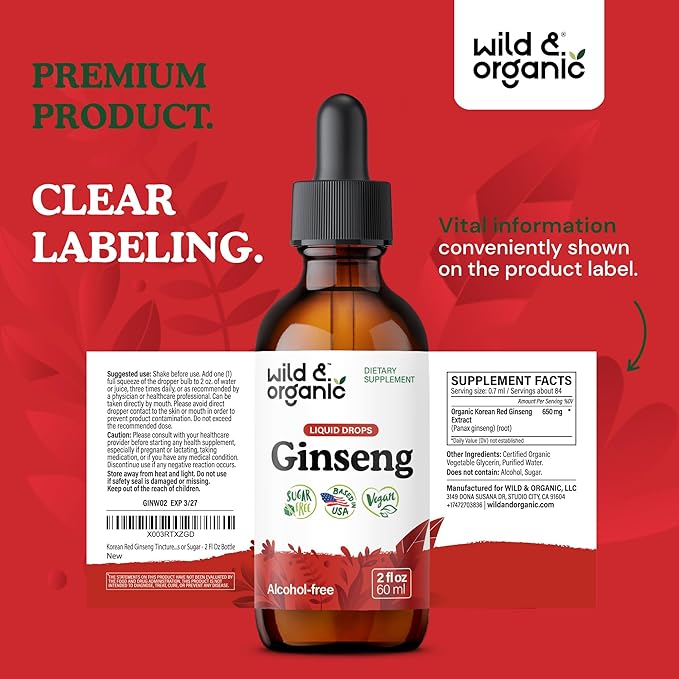 Wild & Organic Korean Red Ginseng Extract Drops - Immune & Energy Support - Panax Ginseng Supplement - Add to Tea Liquid Root Tincture - Vegan, Sugar & Alcohol-Free - 2 fl oz