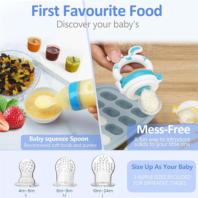 Baby Fruit Feeder Pacifier | 2 Infant Food Feeder Pacifier & Baby Food Dispensing Spoon | Mesh Fresh Fruit Teethers for Babies Teething Feeders | Shower Gifts for Boys and Girls (Blue)