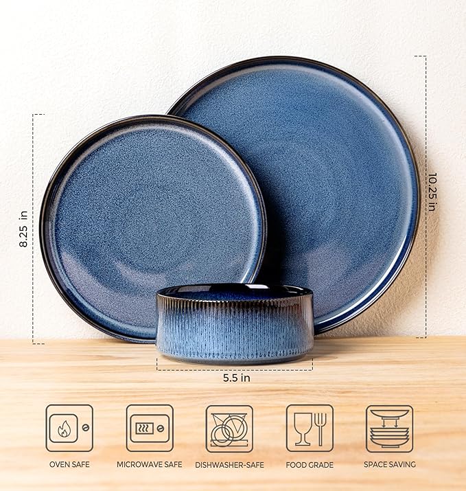 TheTerra Ceramic Dinnerware Sets for 6, 18 Pieces Porcelain Lightweight Plates and Bowls Sets, Scratch Resistant Dish Set, Oven & Microwave & Dishwasher Safe, Starry Blue