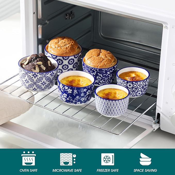 vancasso Selene 8 oz Ceramic Ramekins Set of 6, Large Capacity Oven-Safe Baking Cups for Soufflés, Snack Serving, Desserts, Blue and White Serving Bowls