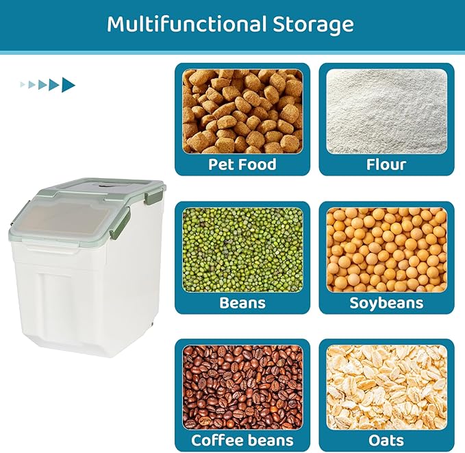 Rice Storage Container 50 lbs Large Household Flour Sugar Containers Airtight Grain Cereal Dispenser with Wheels, Locking Lid & Measuring Cup for Kitchen Pantry Organization, 2 Pack(Green)
