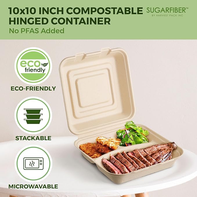 [200 COUNT]Harvest Pack PFAS FREE 10 X 10" 3 Compartment Compostable Clamshell Food Containers, Heavy-Duty Hinged Container, Disposable Bagasse Eco-Friendly Sugarcane togo Box for dinner