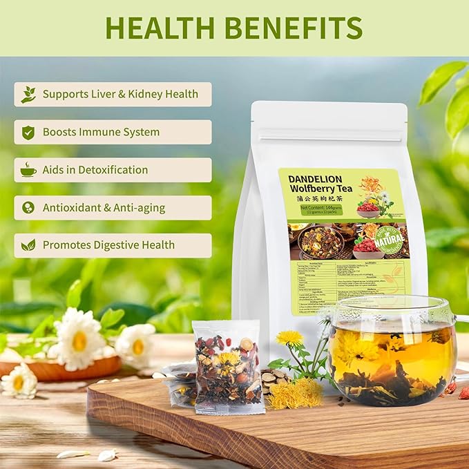 Dandelion Wolfberry Tea, Natural Kidneys & Liver Health Dandelion Root Tea with Dandelion, Wolfberry, Cassia Seed, Chrysanthemum, Licorice, Orange Peel, Gardenia (1 Pack/12 Bags)