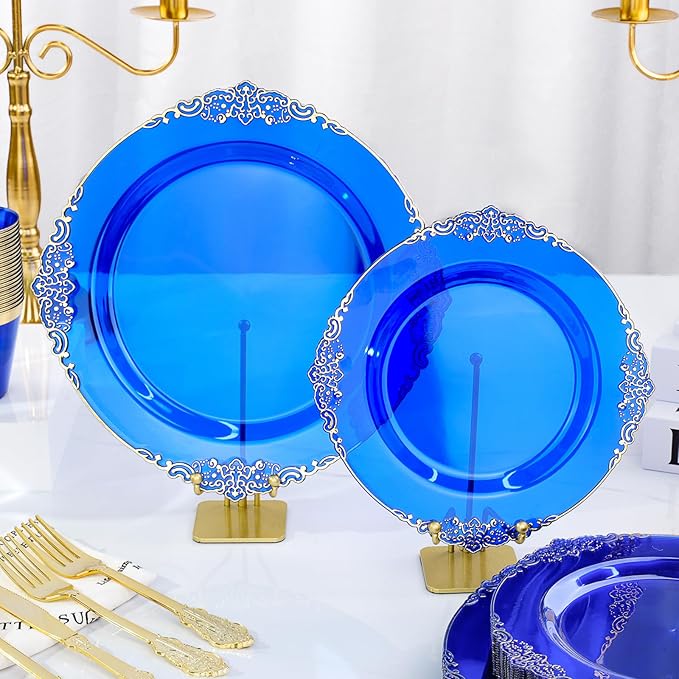 Bestluck 350 PCS Blue and Gold Plastic Plates, Disposable Dinnerware Set for 50 Guests, 100 Disposable Plates, 150 Silverwares, 50 Cups, 50 Napkins for Wedding, Party, Graduation