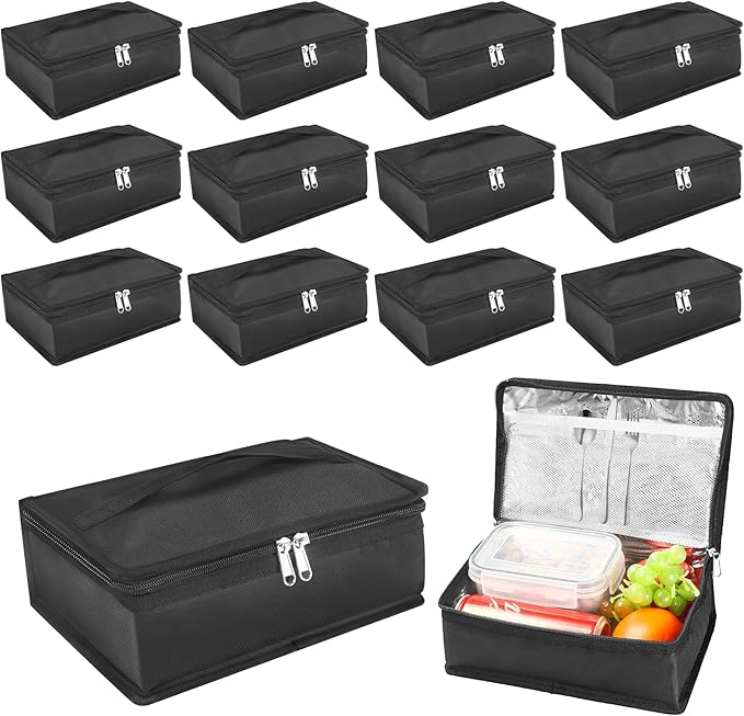 VZZNN 12 Pack Small Lunch Bags Bulk,Portable Soft Insulated Lunch Bag for Women Men,Mini Cooler Lunch Box with Handle for Work & School,Black