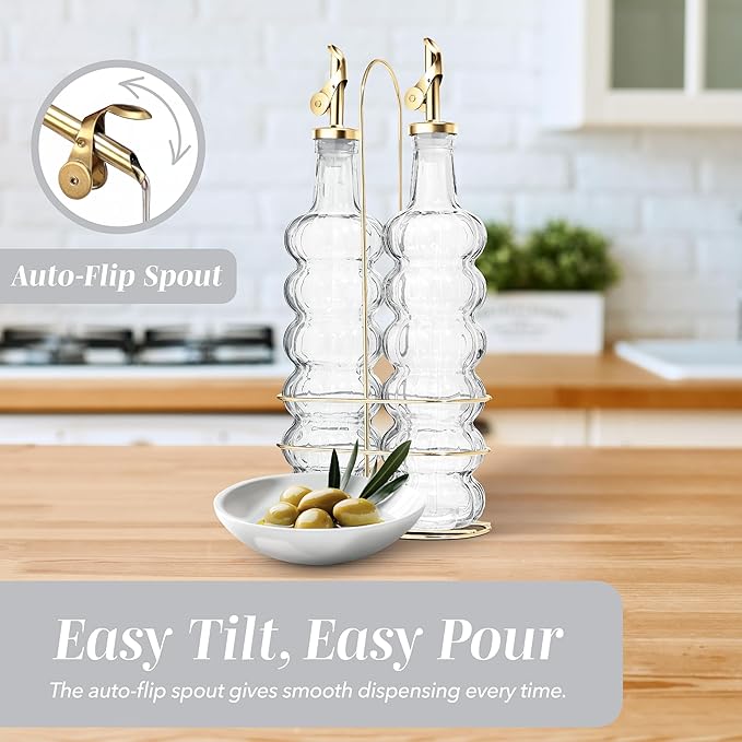 COOK WITH COLOR Glass Olive Oil Bottle Dispenser - 2 Pack- 17oz Oil and Vinegar Cruet - Olive Oil Carafe Decanter for Kitchen, Elegant Waves, Clear