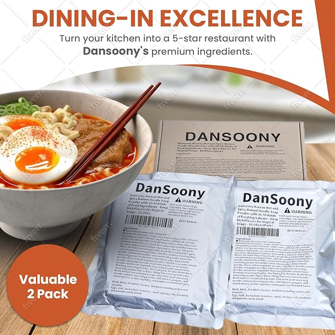 DanSoony Korean Hot and Spicy Ramen Noodle Soup Powder with 30-50 Kinds of Food Ingredients - Deep, Rich Flavors for Magical Soups (2pack)