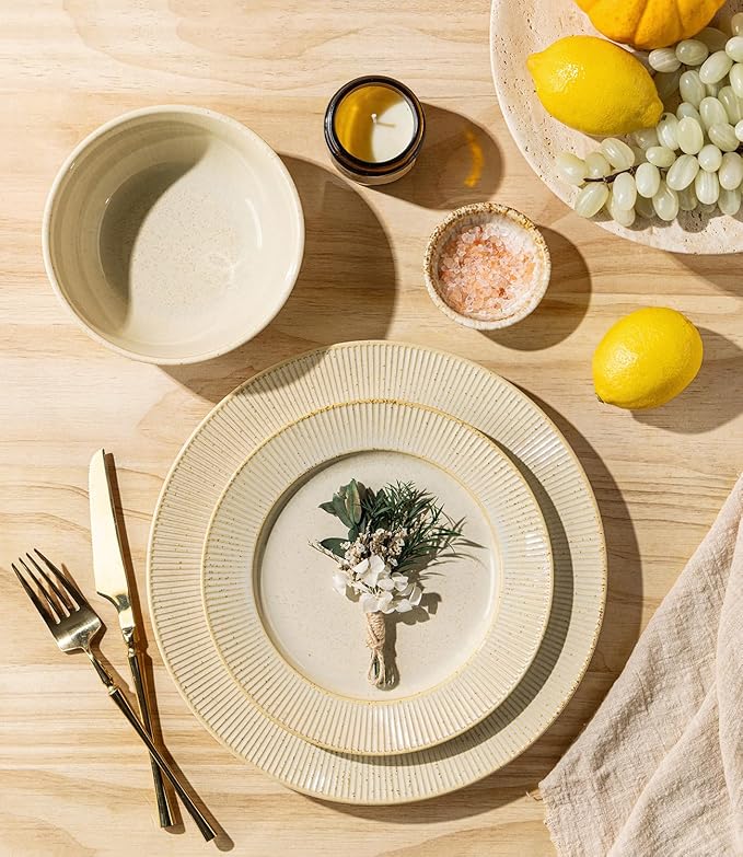 TheTerra Stoneware Dinnerware Sets for 6, 18 Pieces Ceramic Plates and Bowls Sets, Scratch Resistant Embossed Dish Set, Oven, Microwave & Dishwasher Safe, Cappuccino