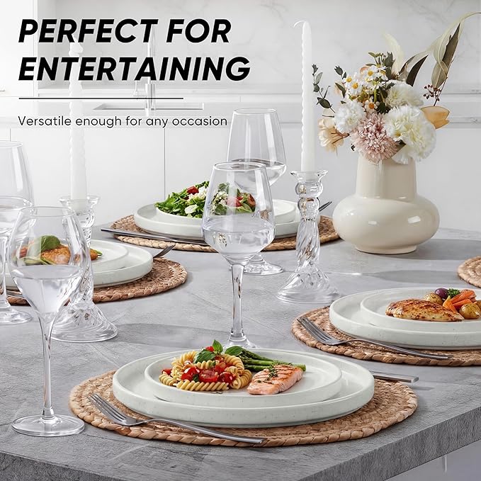 E-far 7.9 Inch Ceramic Dinner Plates, 6-Piece Stoneware Salad Plates with Raised Edges, Chip & Scratch Resistant | Microwave & Dishwasher Safe Dessert Dishes for Appetizer Salad, Speckled White