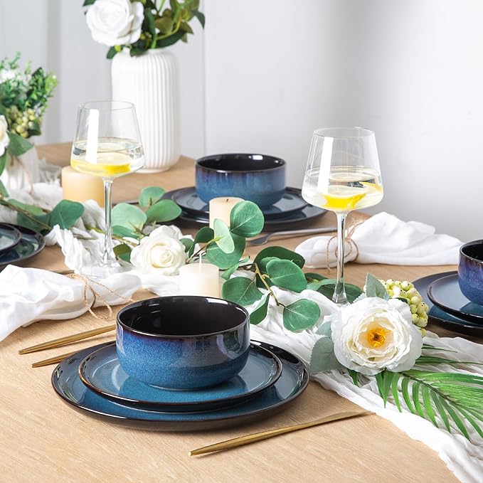 LERATIO Ceramic Dinner Plates Set of 6,10.5 Inch Reactive Glaze Porcelain Plates, Modern Shape Dinnerware Dishes Set for Kitchen,Microwave&Dishwasher&Oven Safe, Scratch Resistant-Blue