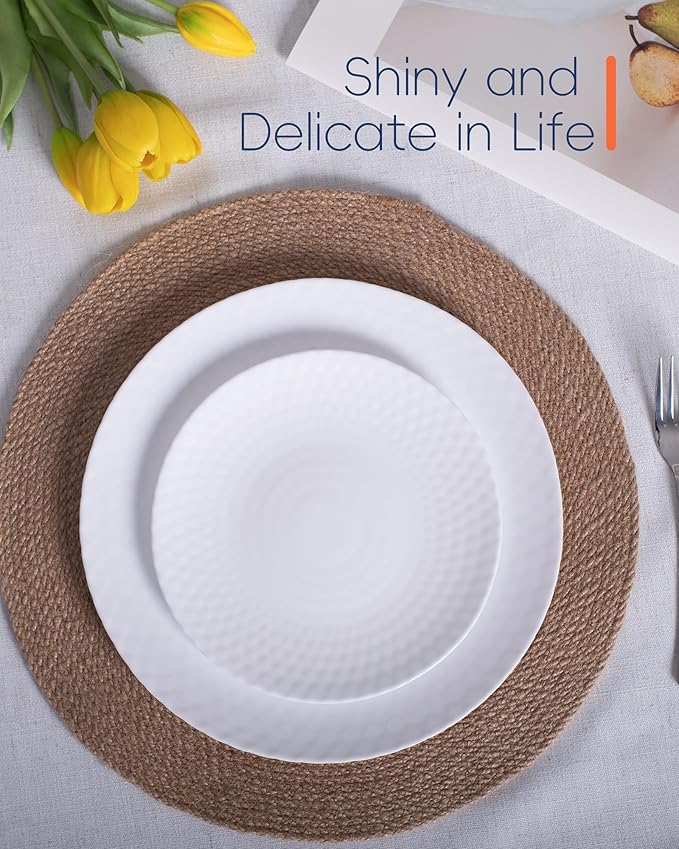 LaGlint 8.5 inch Salad Plate Set of 6, Opal Glass Round Geometric Faceted Small White Plates for Dessert, Kitchen, Dishwasher and Microwave Safe