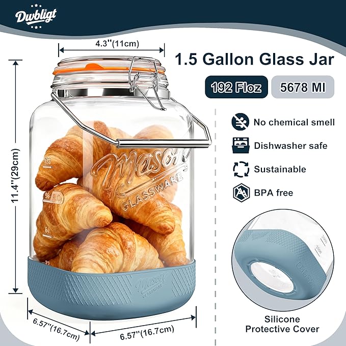 2 Pack 1.5 Gallon Glass Jar With Airtight Lid, Square Large Mason Jars Wide Mouth with Scale Marks and Stainless Steel Handle-192 Oz Non-slip Glass Storage Containers for Flour Sugar Cookie