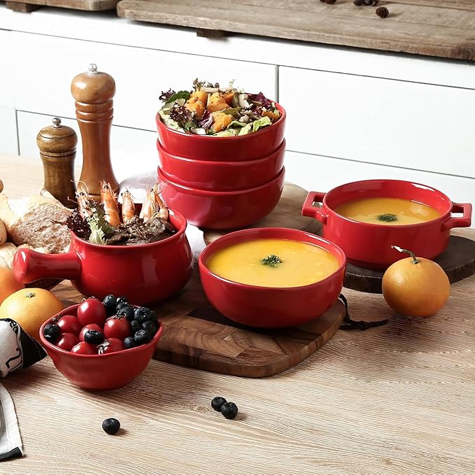 vicrays Ceramic Soup Bowls with Handles, 24 Oz Porcelain Soup Crocks for French Onion Soup, Cereal, Beef Stew, Chill, Pasta, Pot Pies, Microwave and Oven Safe, Set of 4 (Red)