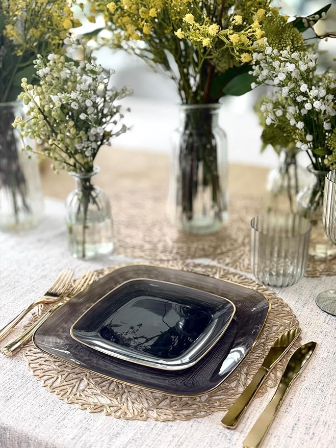 " OCCASIONS " 50 Plates Pack (25 Guests)-Wedding Party Disposable Plastic Plate Set -25 x 10'' Dinner + 25 x 7'' Salad & Dessert plates (Belize Square in Black & Gold)