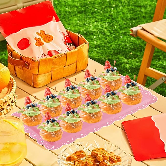 6 Pack Plastic Serving Trays Food Tray - 14" x 9" Rectangle Serving Platter for Wedding Party Supplies Cafeteria Kitchen Restaurant, Small Flat Trays for Dessert Fruit Cookie Snack(Pink)