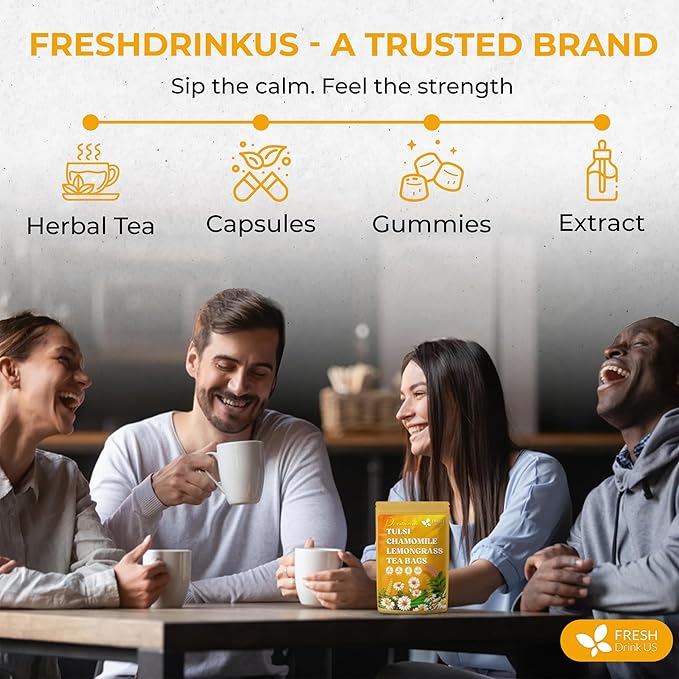 FreshDrinkUS, Premium 135 Tea Bags Tulsi Chamomile Lemongrass Herbal Tea | Blend with Holy Basil, Chamomile Flowers & Lemongrass Leaves – Naturally Caffeine-Free, Soothing Herbal Infusion. Vegan