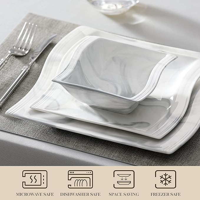 MALACASA 26-Piece Marble Grey Square Dinnerware Sets, Flora Porcelain Dinner Set for 6, Service for 6, Microwave & Dishwasher Safe, BPA, Lead & Cadmium Free