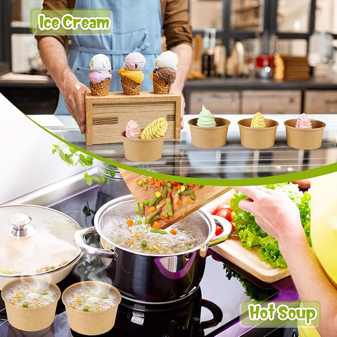 Fulmoon 100 Pack Paper Soup Containers with Lids Disposable Paper Food Containers with Vented Lid Kraft Ice Cream Cake Dessert Cups Soup Bowl for Party Hot Food Fruit Microwave(6 oz,Brown)