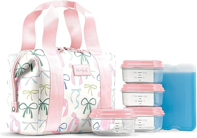 Fit & Fresh Remi Lunch Bag for Women Work – Neoprene Lunch Tote with Containers & Ice Pack, Reusable Meal Prep Lunch Box, Large Capacity, Machine Washable, Dainty Bows