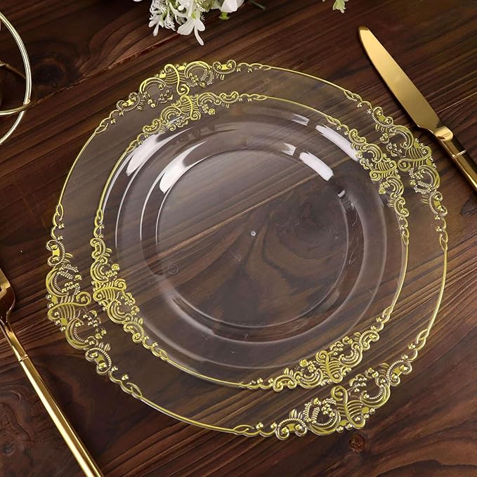 Efavormart 10 Pack | 8" Clear and Gold Baroque Dessert Plates, Leaf Embossed Metallic Rim Shatterproof Appetizer Plates for Boutique Receptions