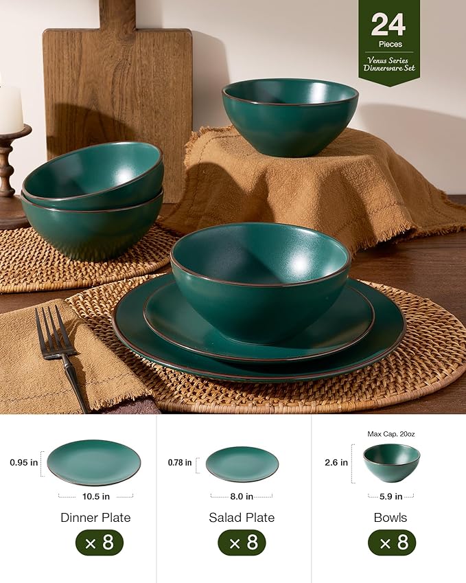Famiware Venus Plates and Bowls Sets with Trim, 24 Pieces Speckled Stoneware Dinnerware Set for 8, Matte Dark Green - Microwave & Dishwasher Safe, Modern Minimalist, Dishes for Everyday & Formal Use