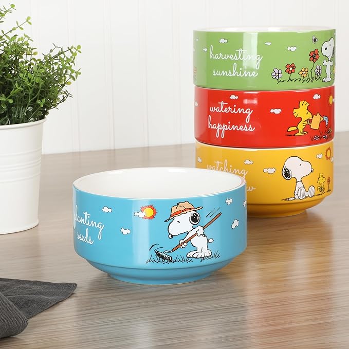 Peanuts Snoopy 5.5-Inch Decorated Stoneware Bowls, Stackable 4-Pack Bowl Set for Cereal, Snacks, or Dessert, Dishwasher & Microwave Safe