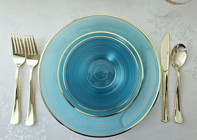 " OCCASIONS " 50 Plates Pack (25 Guests)-Wedding Party Disposable Plastic Plate Set -25 x 10'' Dinner + 25 x 7'' Salad & Dessert plates (Belize in Aqua & Gold)