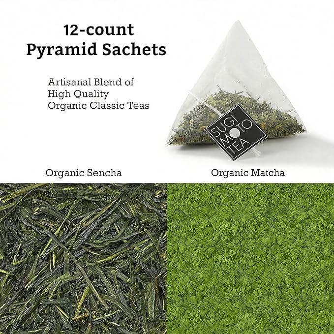 SUGIMOTO TEA Japanese Organic Sencha with Matcha Green Tea Bags 12 Count