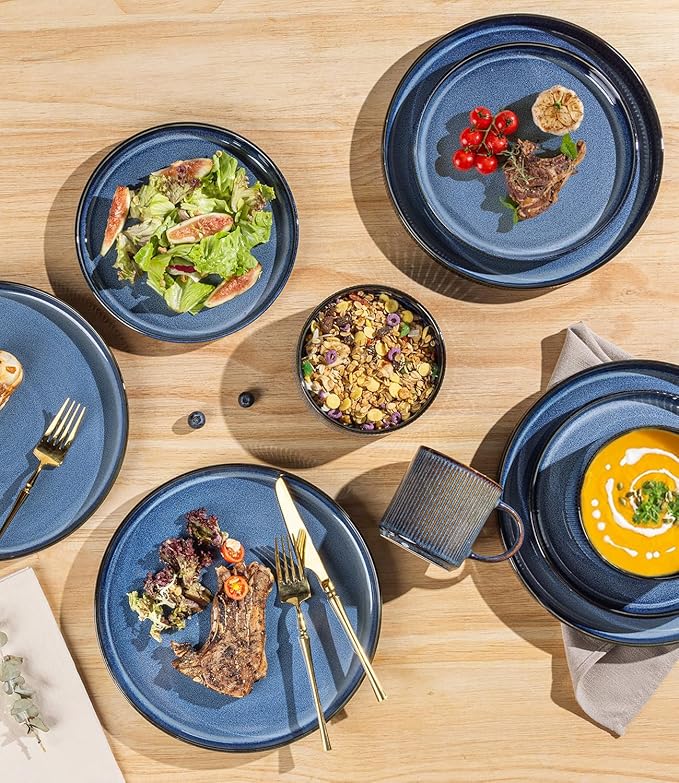 TheTerra Ceramic Dinnerware Sets for 6, 18 Pieces Porcelain Lightweight Plates and Bowls Sets, Scratch Resistant Dish Set, Oven & Microwave & Dishwasher Safe, Starry Blue