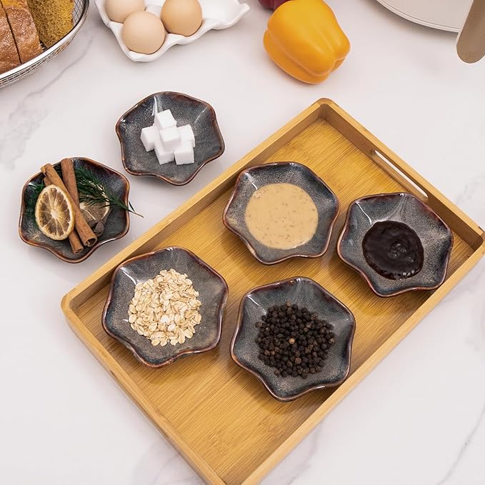Set of 6 3.9 inch Ceramic Deep Soy Sauce Dipping Bowls Dishes,2.1 oz Small Sauce cups for Condiment Sushi Bowl, Mini Bowl for Side Dish, Ketchup, Soy Appetizer Plates (Caramel Brown)