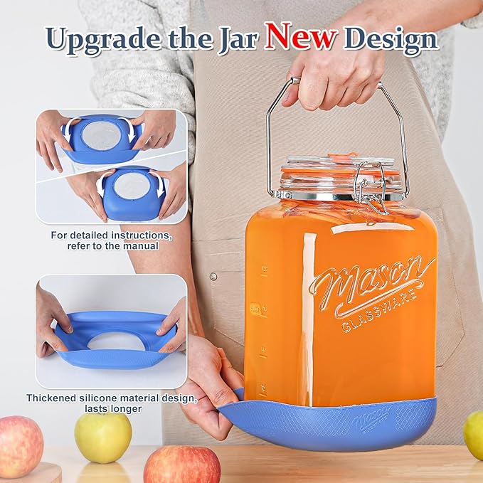 2 Pack 1.5 Gallon Large Fermentation Jar with 3 Airlock, Stainless Steel Handle, Non-Slip Silicone Base, Wide Mouth Glass Jars with Scale Mark - Pickle Jars for Sauerkraut, Sourdough Starter