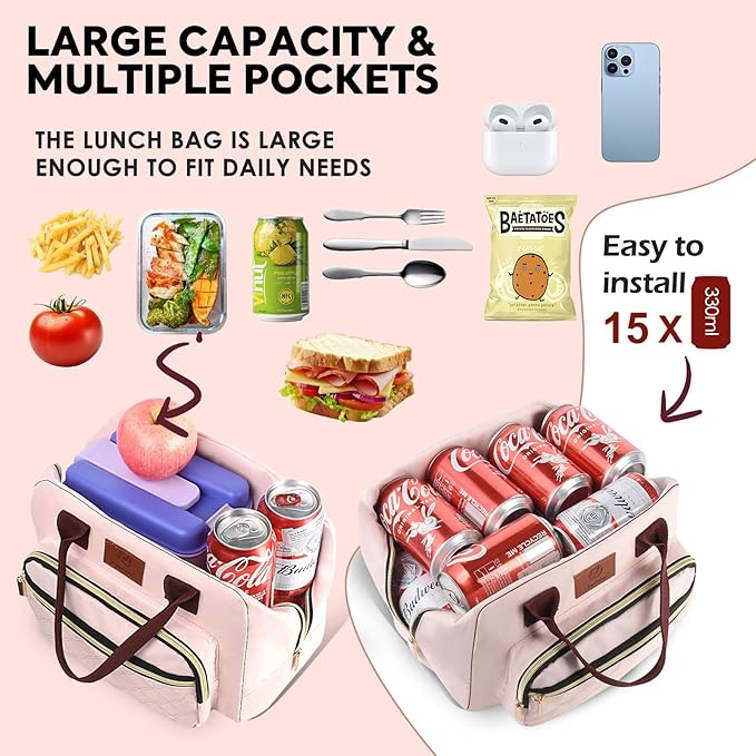 Genteen Lunch Box for Women Girls Teens,Insulated Adult Lunch Boxes for Women,Reusable Cute Lunch Bags for Work,High Capacity Tote Lunchbox Cooler for Office Travel Picnic School-Pink