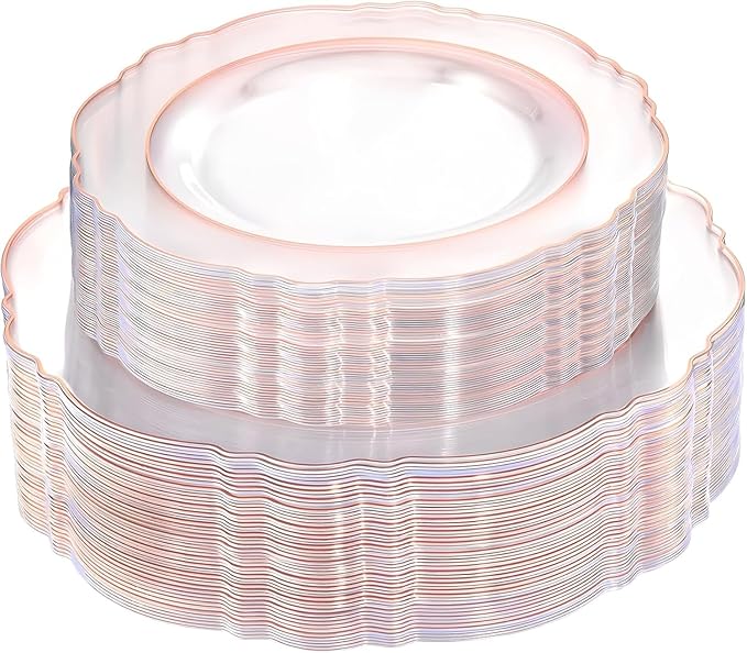 WDF 100pcs Rose Gold Plates Plastic Disposable - Baroque Clear and Rose Gold Plates for Mother's Day, Parties or Weddings including 50PCS Dinner Plates 10.25’’ and 50PCS Salad Plates 7.5’’