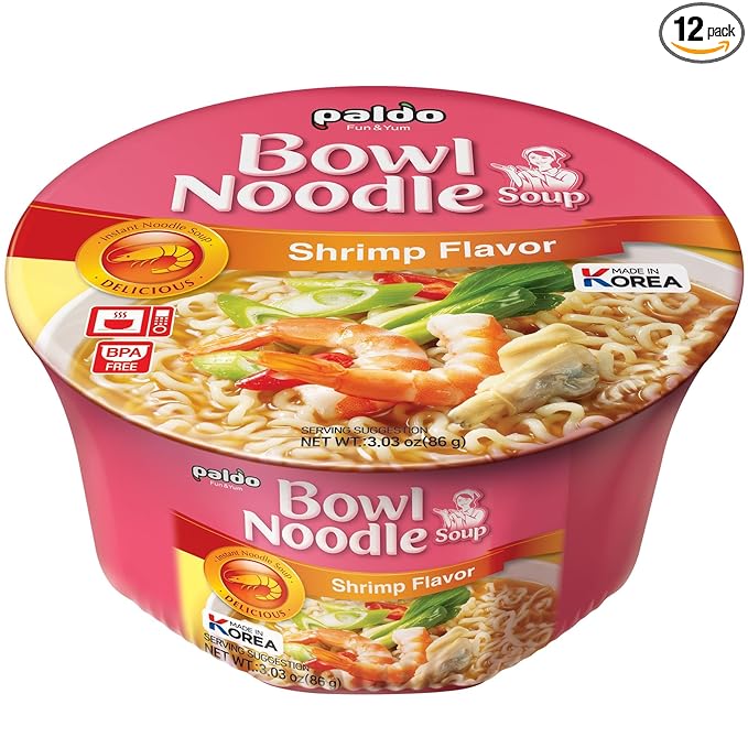 Paldo Fun & Yum Instant Cup Noodle Soup Bowl with Seafood Shrimp Flavored Broth, Pack of 12, Best Oriental Style Korean Ramyun, Most Loved Korean Noodles, 팔도 새우 사발면 86g (3.03 oz) x 12
