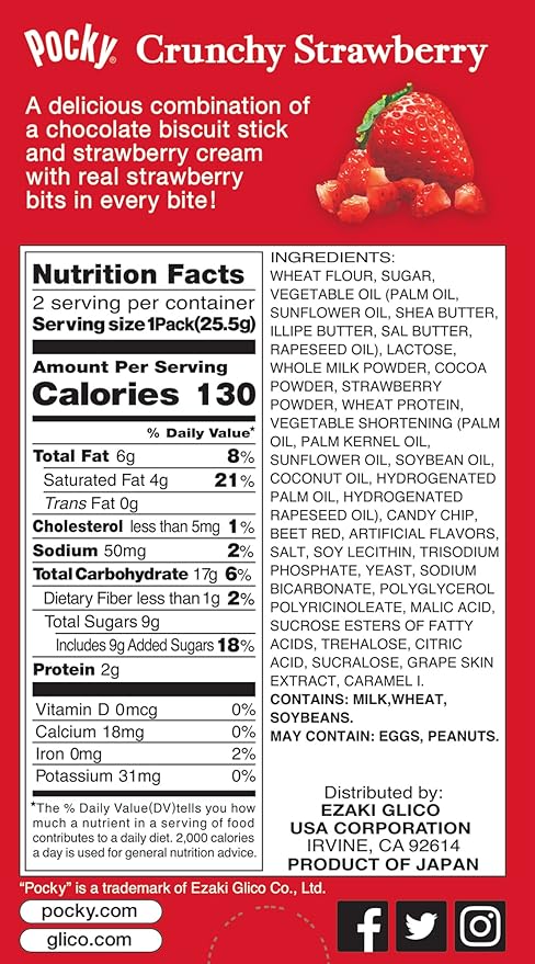 GLICO Pocky Crunchy Strawberry Covered Chocolate Biscuit Sticks 1.79 oz, (Pack of 5)