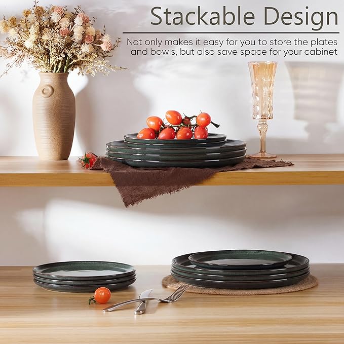 Herogo Ceramic 10.43 Inch Dinner Plates Set of 6, Stoneware Dinner Plate Set, Double Reactive Glaze Large Dinnerware Plates for Kitchen, Microwave, Oven & Dishwasher Safe, Dark Green