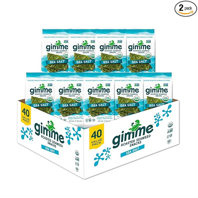 Gimme Seaweed Organic Premium Roasted Seaweed Snacks, Sea Salt, Keto, Vegan, Gluten-Free, Great Source of Omega3s and Iodine, Healthy On-The-Go Snack for Kids and Adults, 20 Count (Pack of 2)