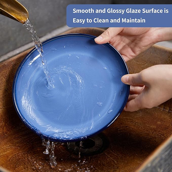 Pokini Ceramic Plates Set of 6, 8.0 Inch Reactive Glaze Dessert Plates, Modern Dinnerware Dishes Set for Kitchen, Microwave & Dishwasher Safe, Scratch Resistant-Light Blue