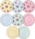 BTaT- Porcelain Floral Plates Set of 8, 8 Inch, Assorted Pastel Colors with Golden Rim, Floral Dessert Plates, Spring Dinnerware, Dishwasher & Freezer Safe