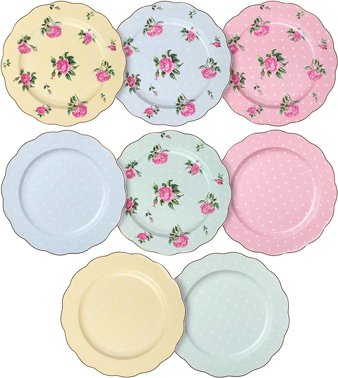 BTaT- Porcelain Floral Plates Set of 8, 8 Inch, Assorted Pastel Colors with Golden Rim, Floral Dessert Plates, Spring Dinnerware, Dishwasher & Freezer Safe