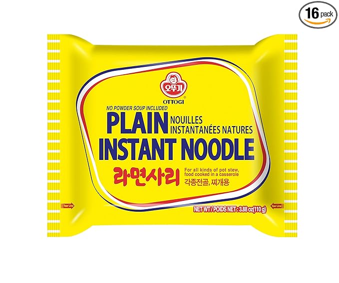 OTTOGI PLAIN INSTANT NOODLE, For all kinds of pot stew, food cooked in a casserole, For Hot Pot, Shabu Shabu, and stews (110g) - 16 Pack