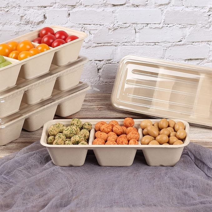 disposable paper bowls 18 oz 3 compartments with lids, Sugarcane Fiber For Snack, Dessert, Meal Prep 50 Pack