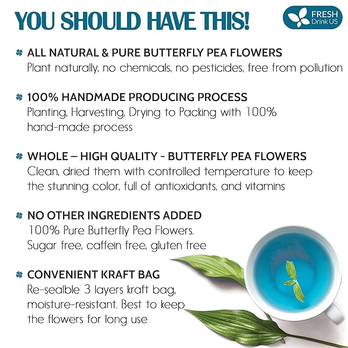 FreshDrinkUS, Premium 8oz Butterfly Pea Flowers, 100% Natural & Pure from Whole Butterfly Pea Flowers Leaves, Wildcrafted, Blue Butterfly Pea Flowers Loose Leaf Herbal Tea, No Gluten, Vegan