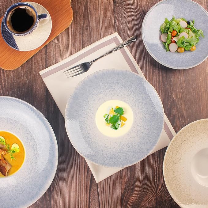 Soup Bowls, Soup Plates, 5.1 oz, Porcelain Pasta Bowl Set of 4, Wide edge Shallow Bowl Plates, Rimmed Bowls with Rim, Best choice for high-end restaurants and foodies,Azure blue, 9.8 Inch