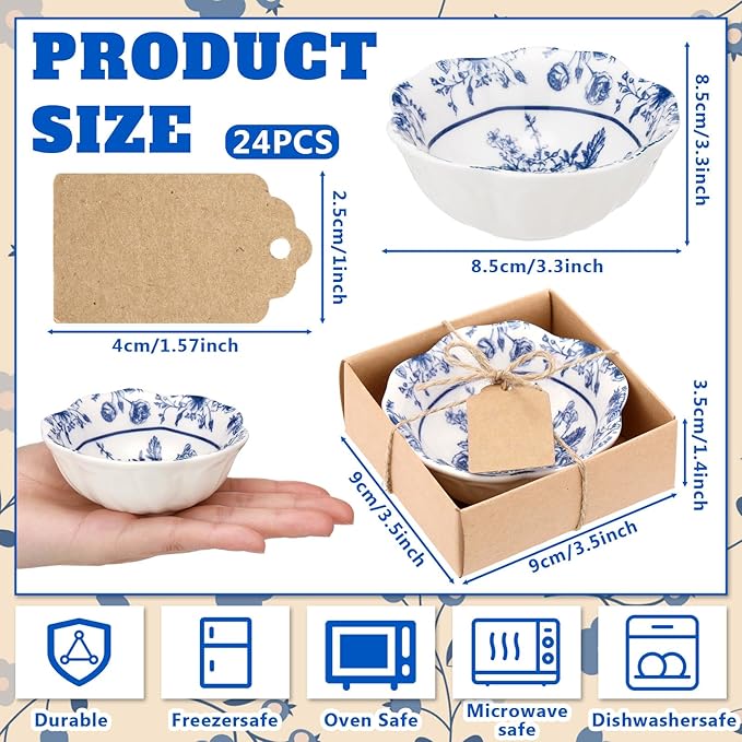 SiliFine 12 Pcs Wedding Favors for Guests Small Ceramic Bowl Bulk Gifts Set 3.3 Inch Floral Design Mini Dipping Sauce Dish with Card Box for Bridal Pooja Baby Shower Birthday (Flower,Blue)