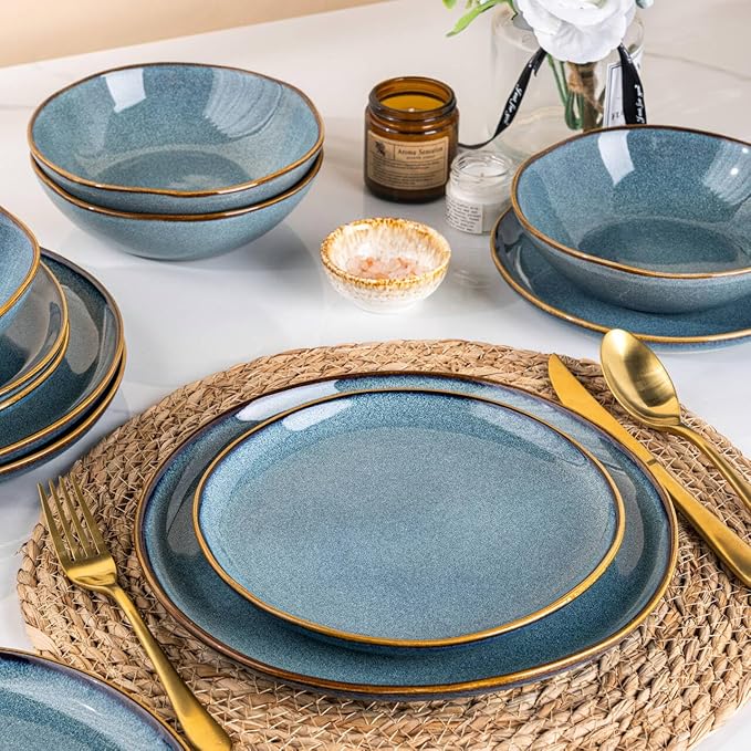 AmorArc Ceramic Dinnerware Sets,Handmade Reactive Glaze Stoneware Plates and Bowls Sets,Highly Scratch Resistant | Dishwasher & Microwave Safe Dishes Set,Service for 4 (12pc)